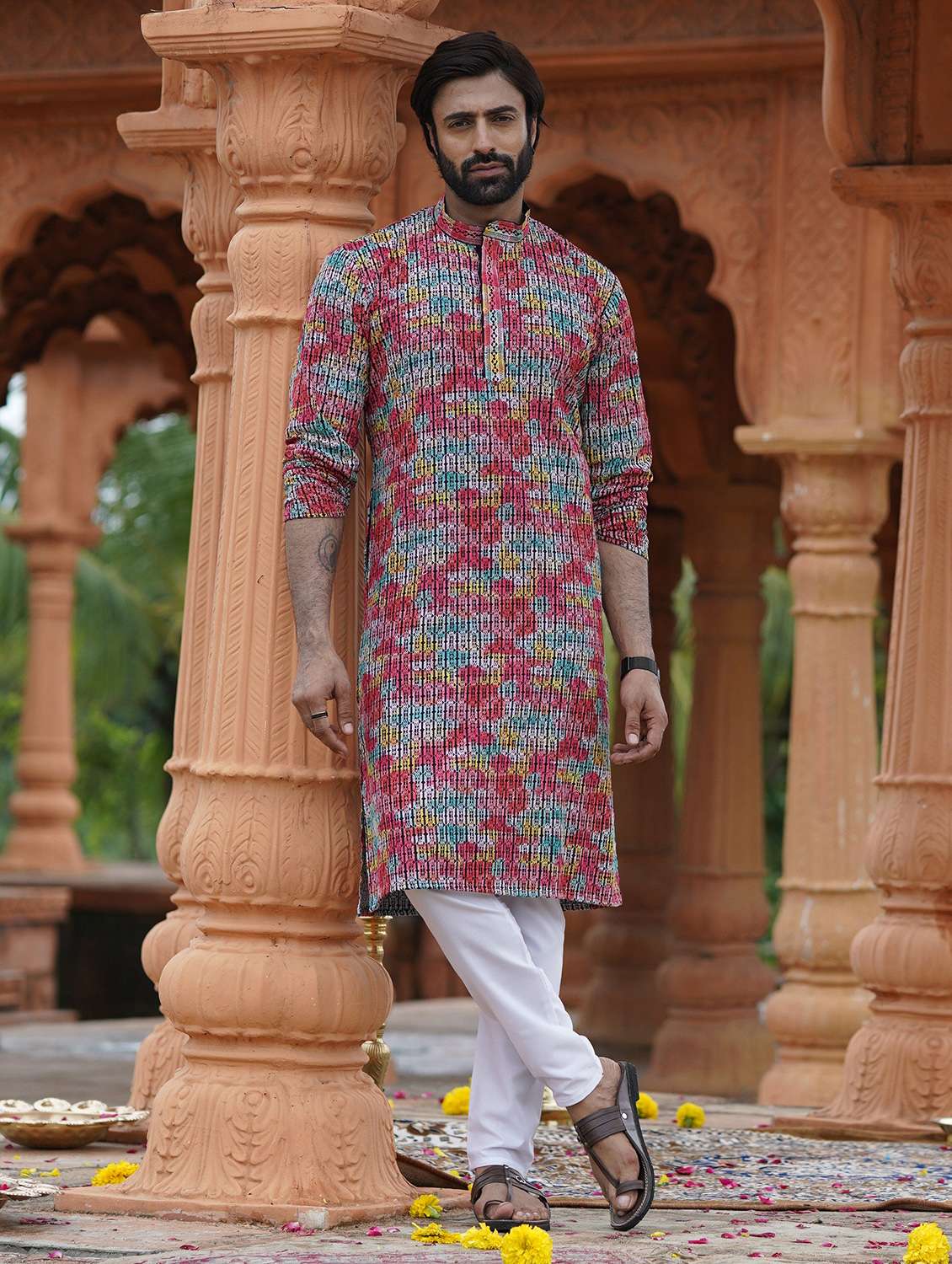 Men Solid With Work Mandarin Neck Long Kurta - 22599074 -  Standard Image - 2