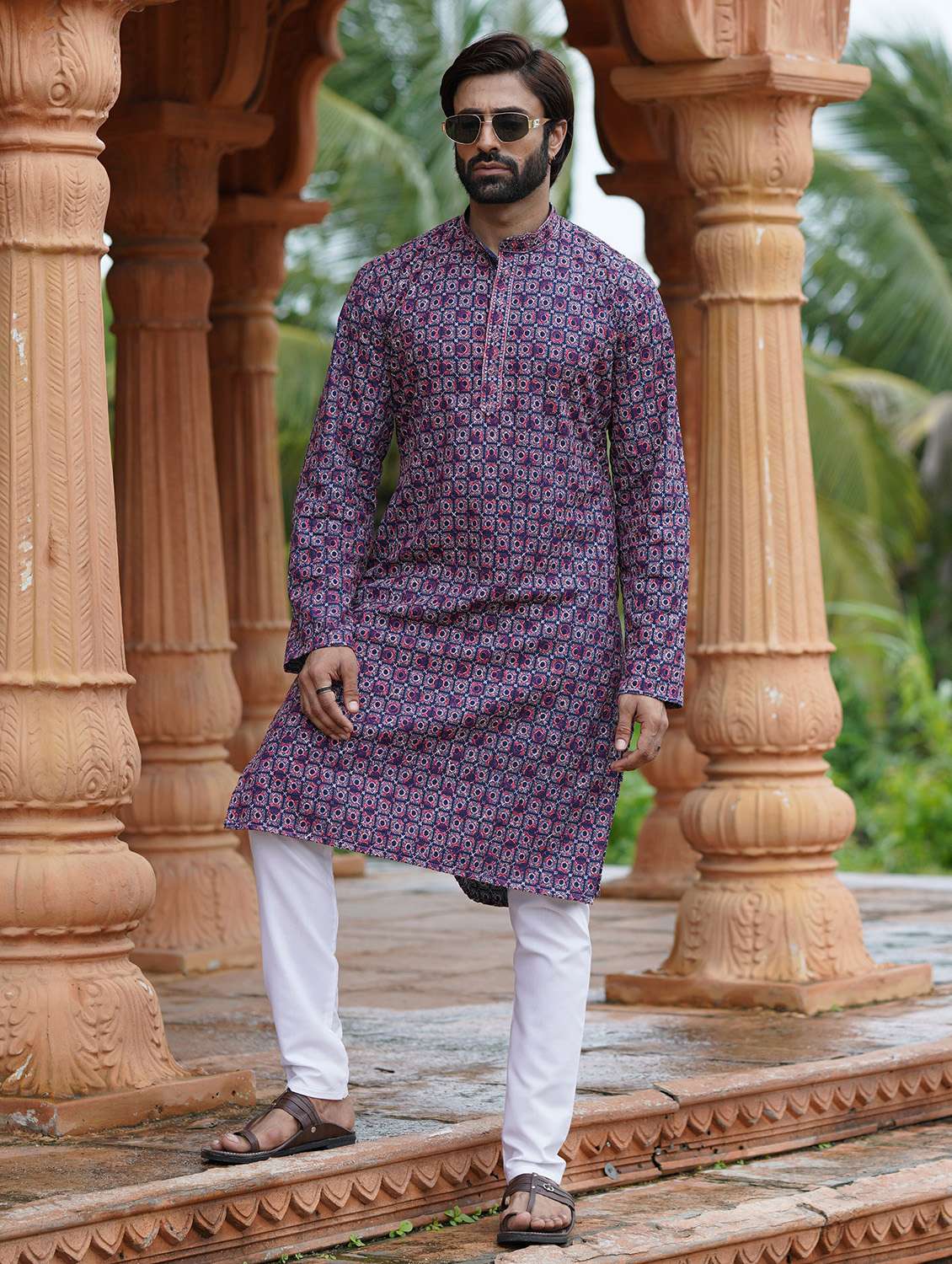 Men Solid With Work Mandarin Neck Long Kurta - 22599076 -  Standard Image - 2