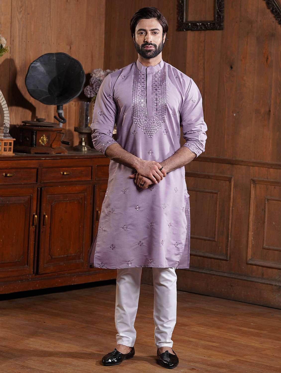 men solid with work mandarin neck long kurta - 22599099 -  Standard Image - 2