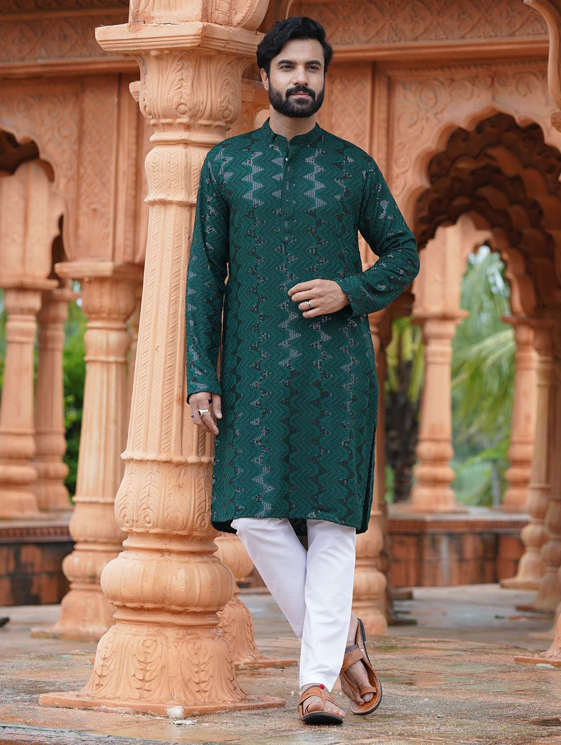 men solid with work mandarin neck long kurta - 22599129 -  Standard Image - 2