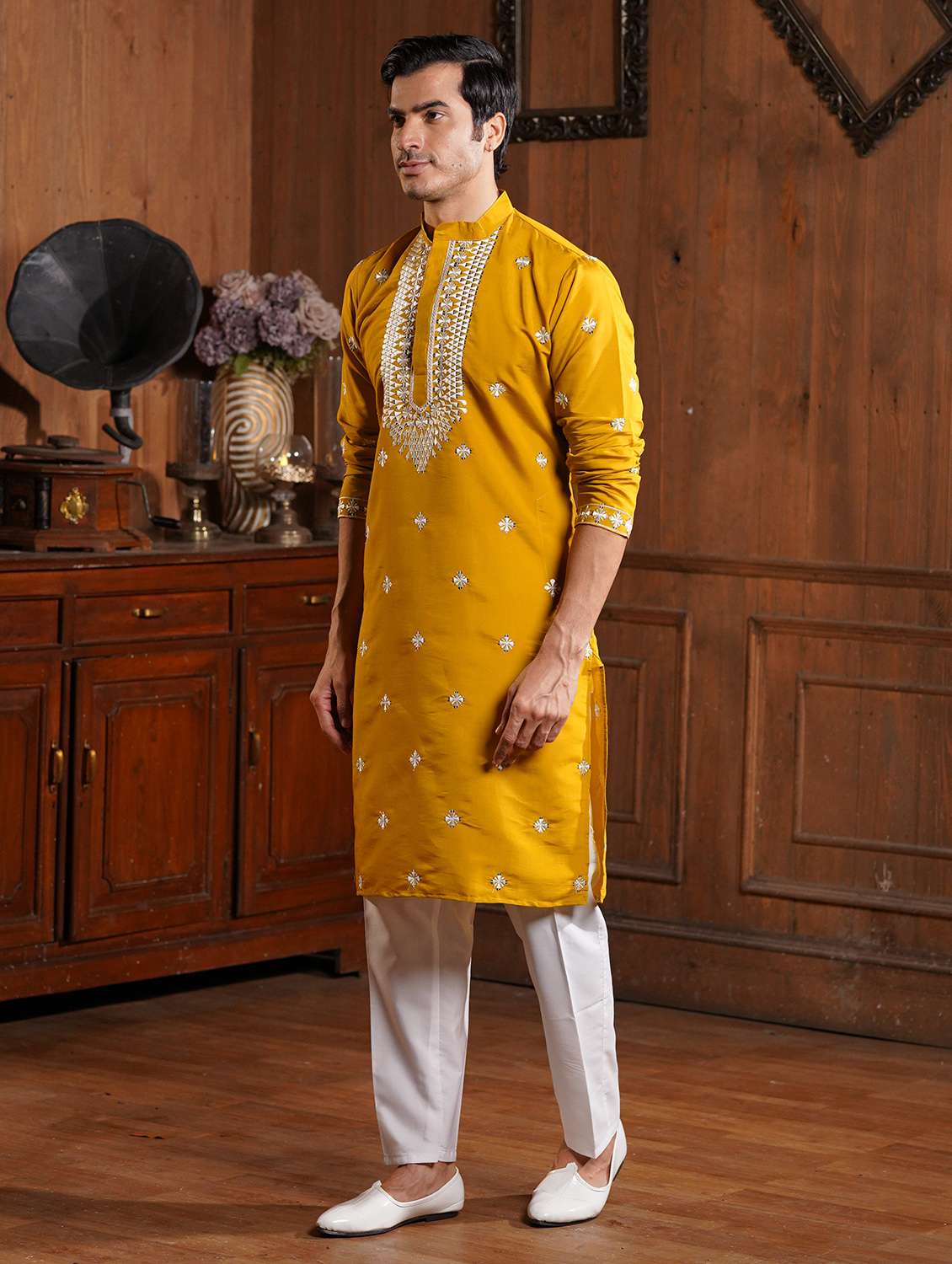 men solid with work mandarin neck long kurta - 22599139 -  Standard Image - 2
