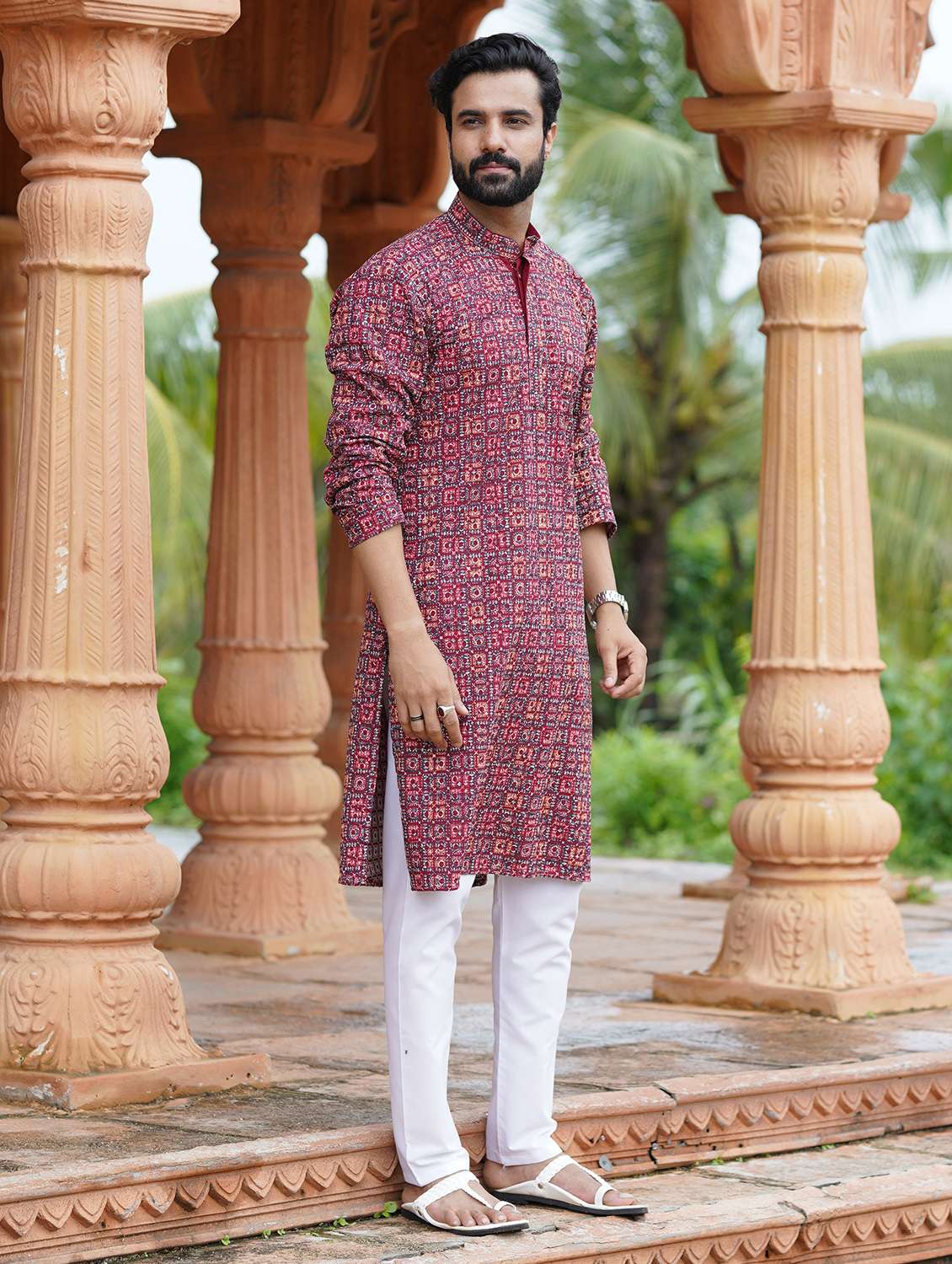 Men Solid With Work Mandarin Neck Long Kurta - 22599140 -  Standard Image - 2