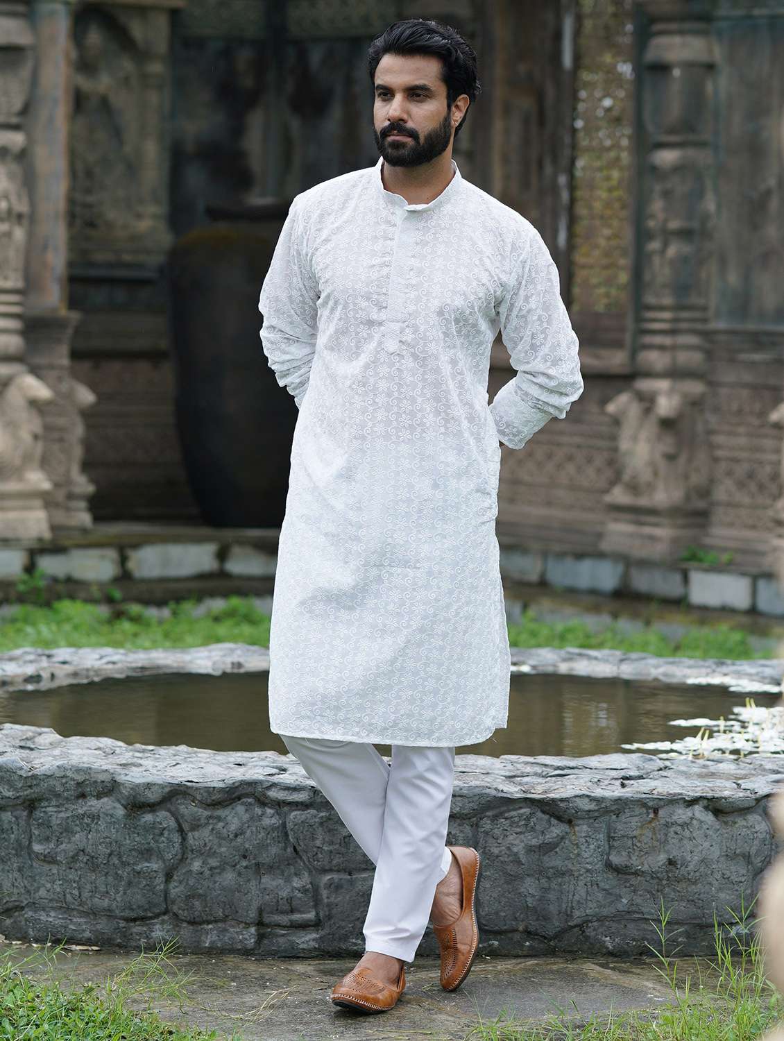 men solid with work mandarin neck long kurta - 22599142 -  Standard Image - 2