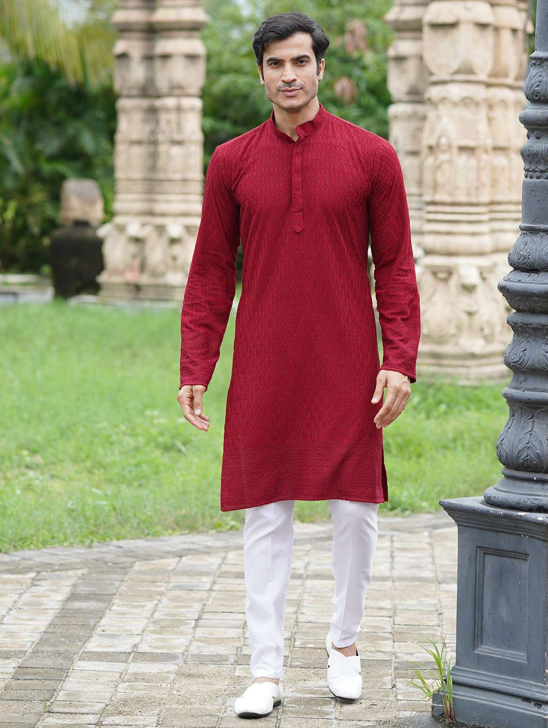 men solid with work mandarin neck long kurta - 22599143 -  Standard Image - 2