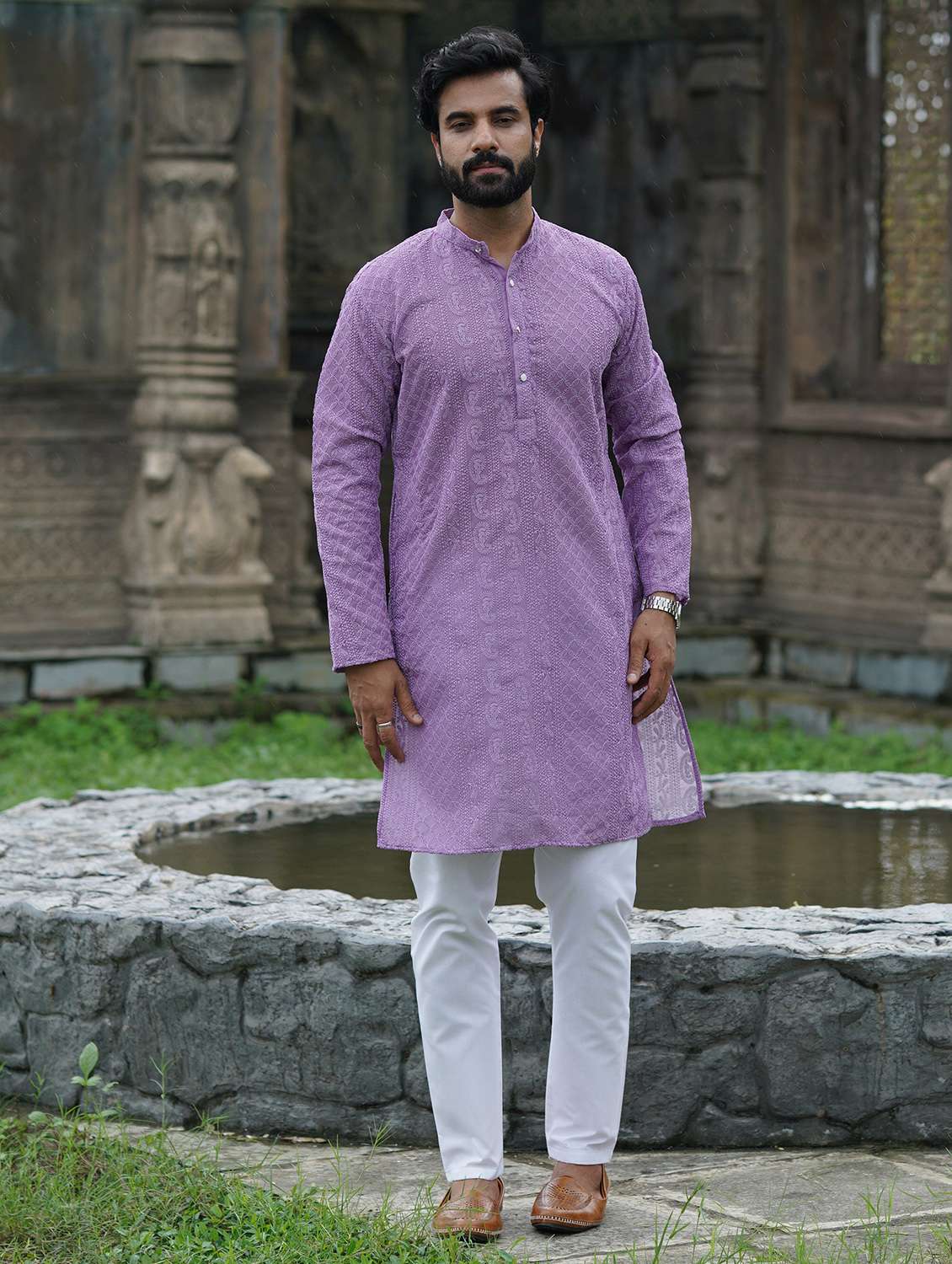 men solid with work mandarin neck long kurta - 22599144 -  Standard Image - 2