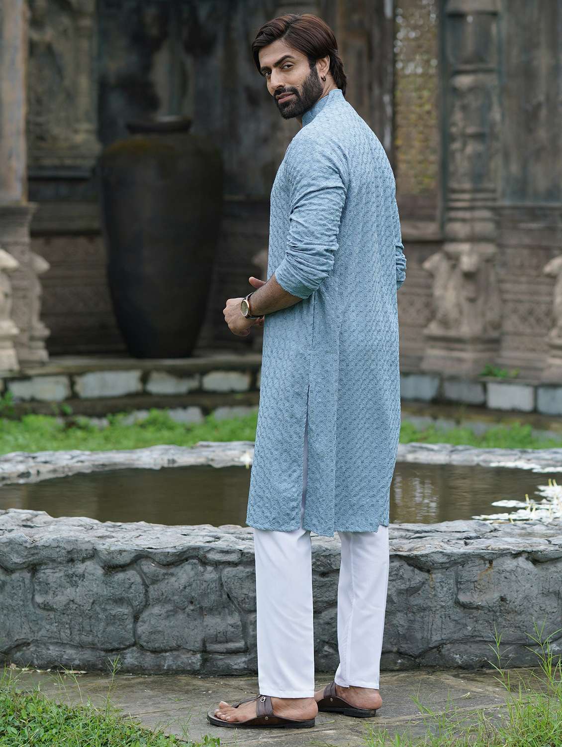 men solid with work mandarin neck long kurta - 22599146 -  Standard Image - 2