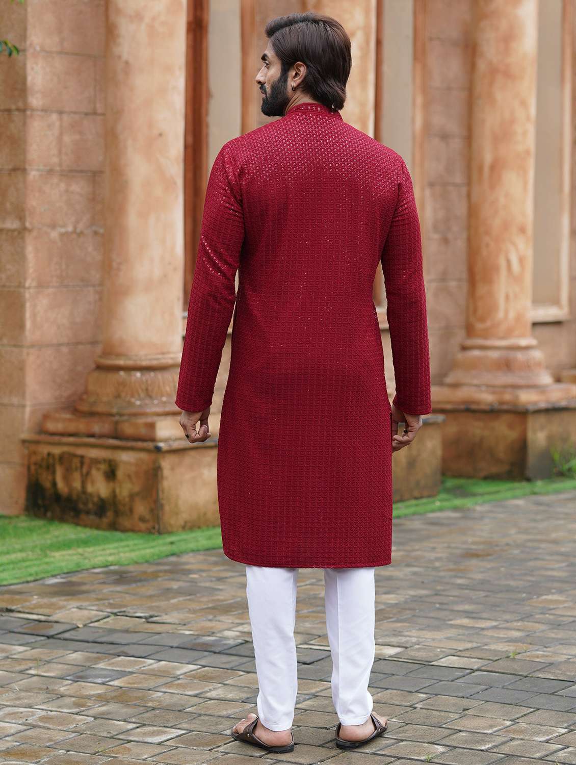 men solid with work mandarin neck long kurta - 22599148 -  Standard Image - 2