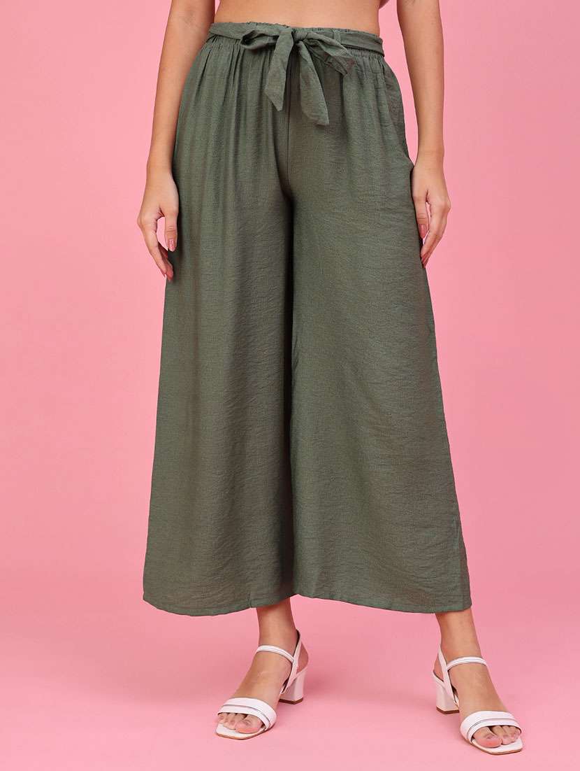 women solid high rise wide leg trouser