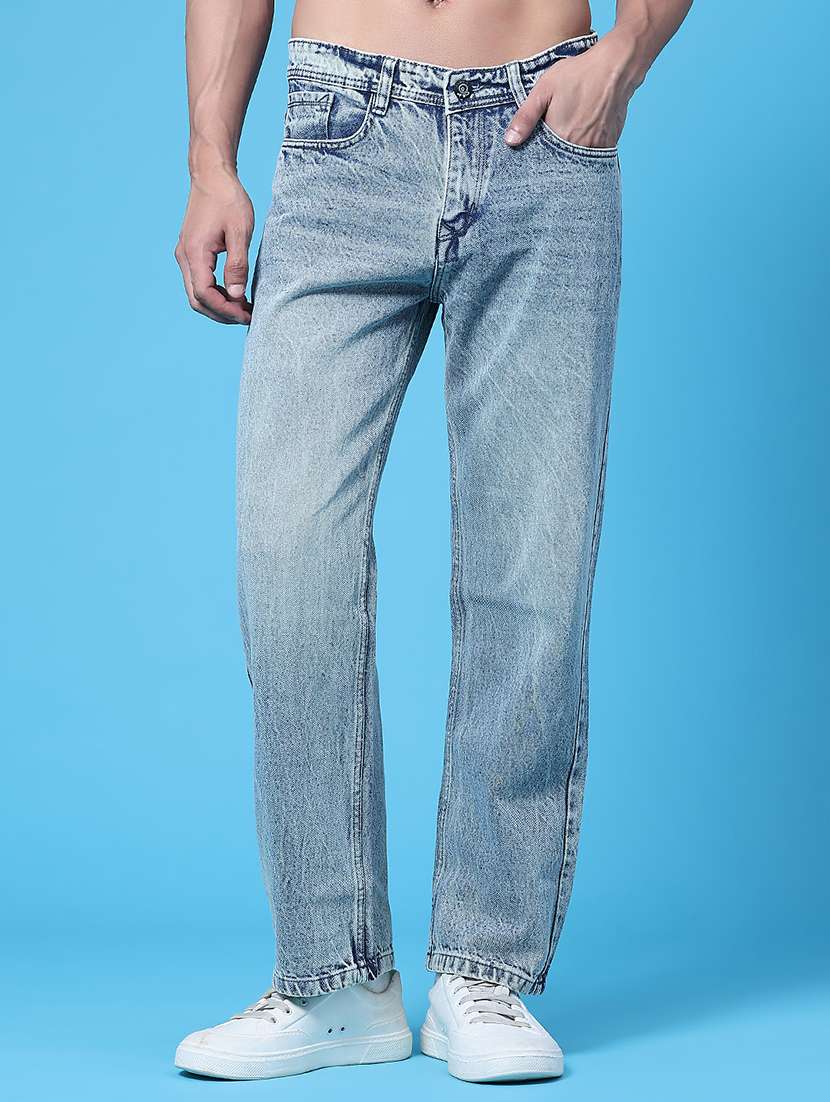 men washed mid rise full length straight jeans