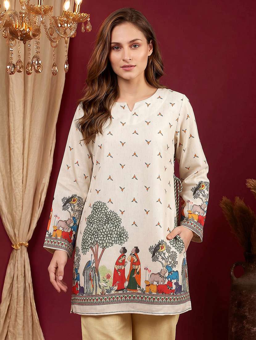 women printed long sleeves straight kurti