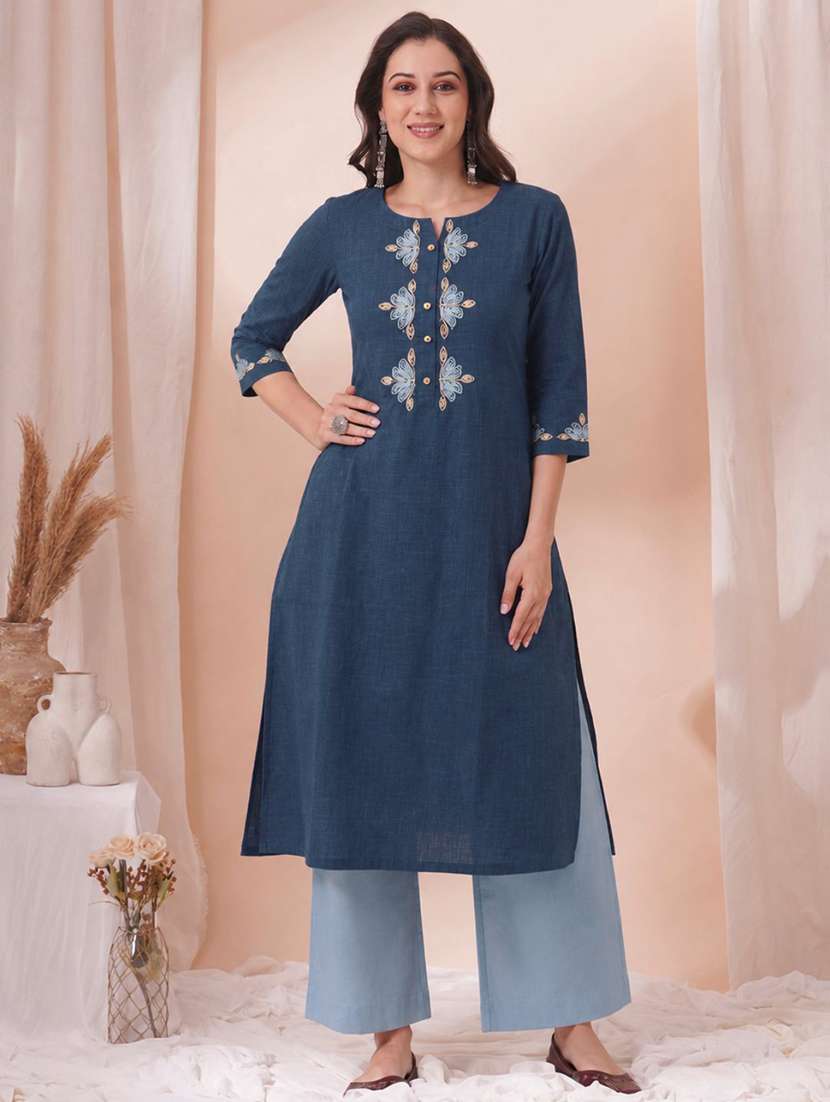 women embroidered three quarter sleeves straight kurta
