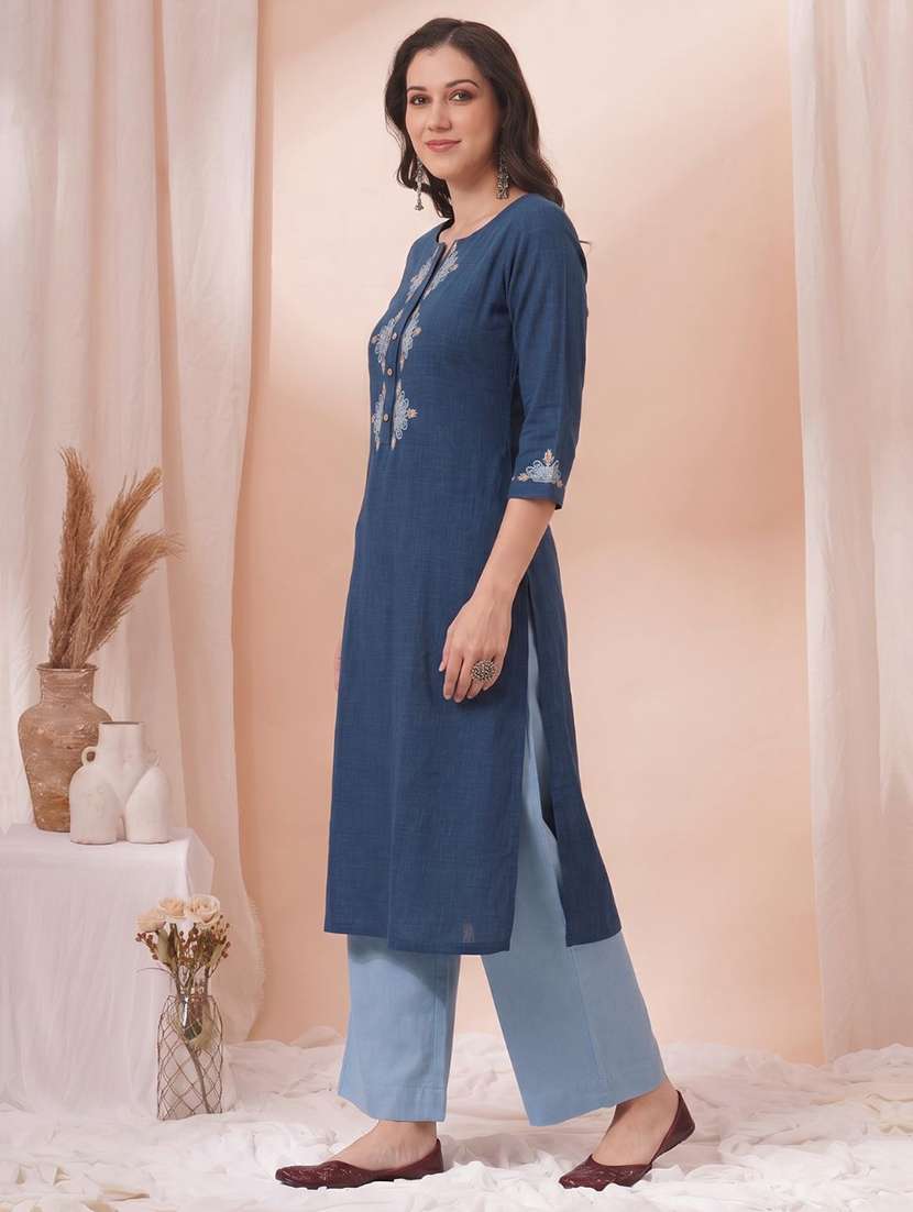 women embroidered three quarter sleeves straight kurta - 22601133 -  Standard Image - 2