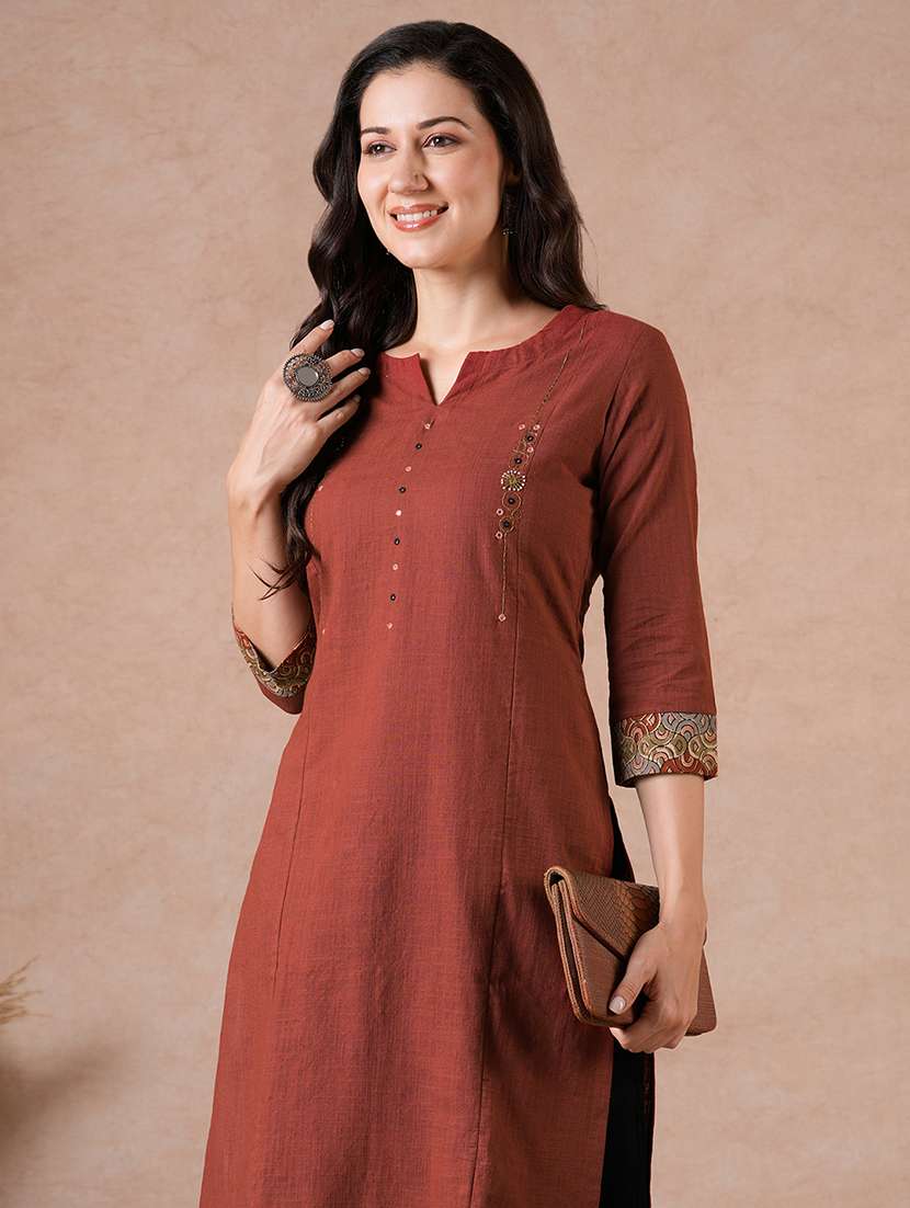 women embroidered three quarter sleeves straight kurta - 22601141 -  Standard Image - 2