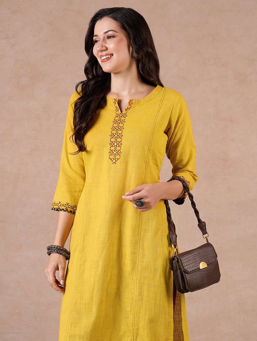 women embroidered three quarter sleeves straight kurta - 22601145 -  Standard Image - 2