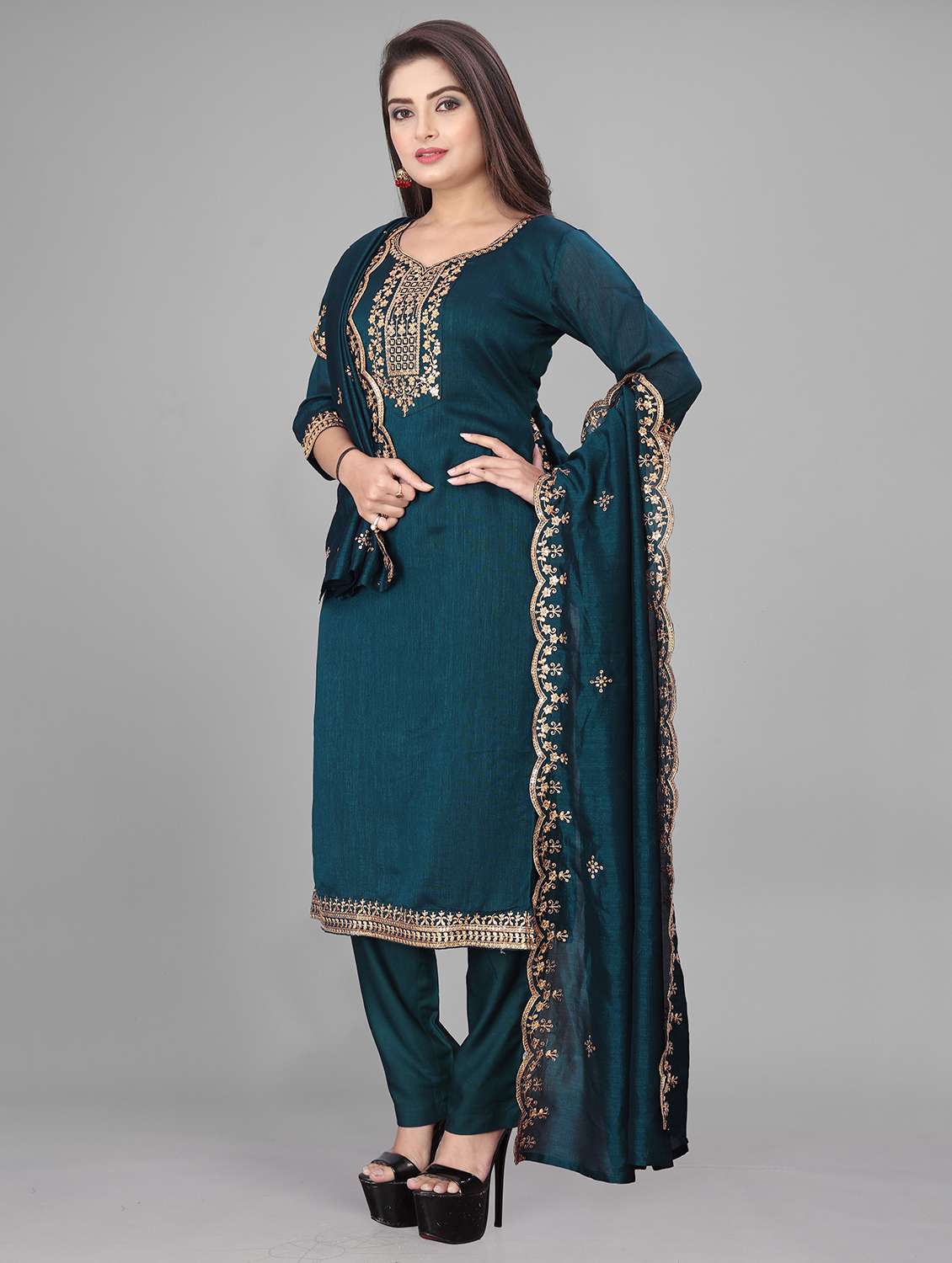 women embroidered three quarter sleeves kurta pant with dupatta set - 22602780 -  Standard Image - 2