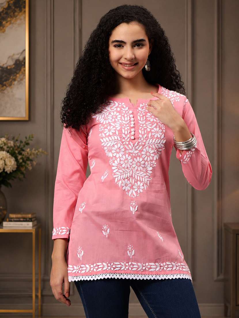 women solid with work three quarter sleeve chikankari kurti