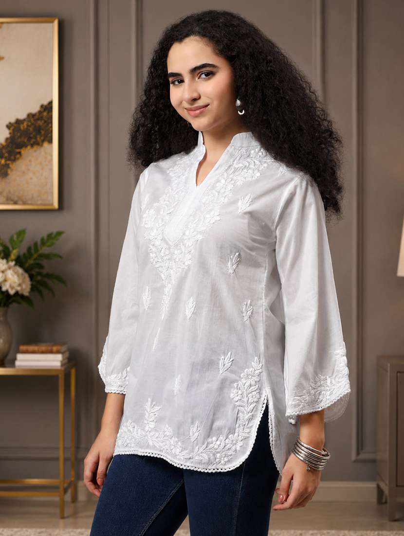 Women Solid With Work Three Quarter Sleeve Chikankari Kurti - 22602829 -  Standard Image - 2