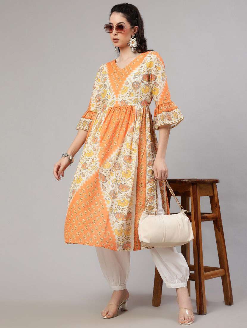 women printed bell sleeves flared kurta