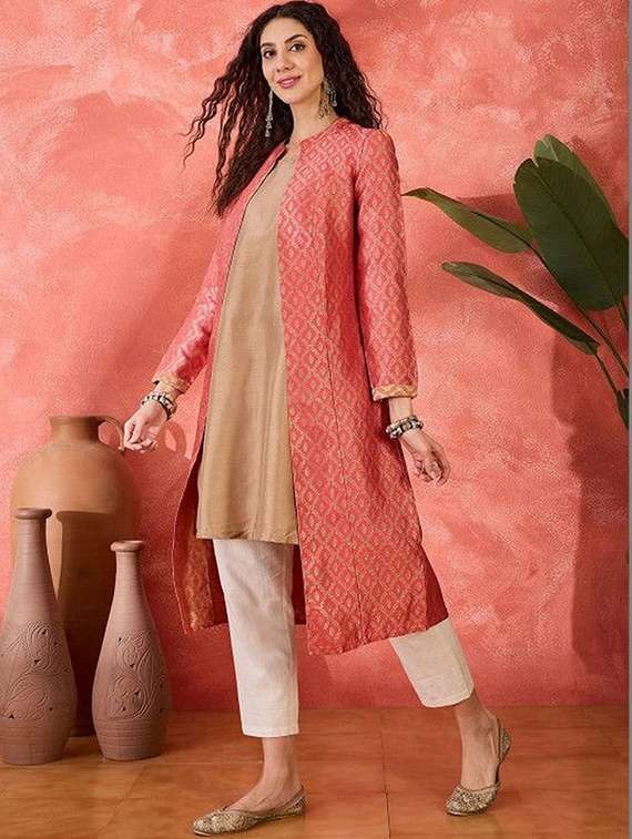 Women Self Design Long Sleeves Kurta With Jacket - 22603061 -  Standard Image - 2