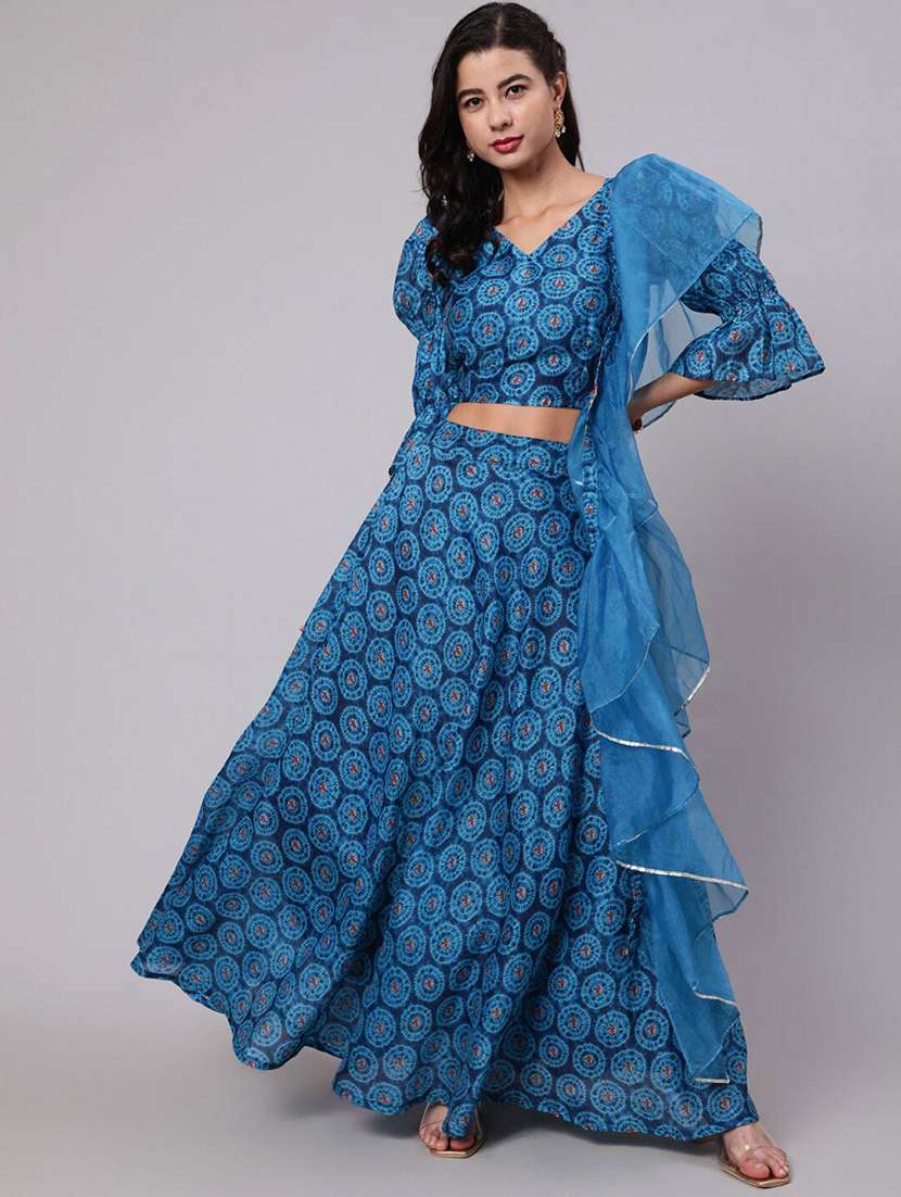 women printed bell sleeves lehenga choli set