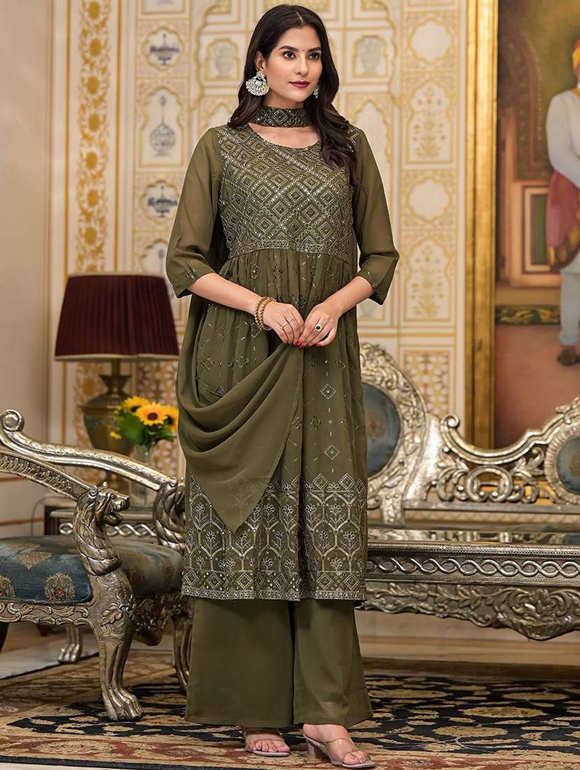 Women Embroidered Three Quarter Sleeves Kurta Palazzo Set - 22603478 -  Standard Image - 2