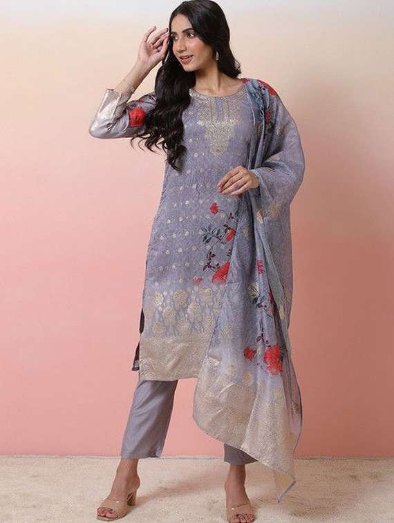 women printed three quarter sleeves kurta pant set with dupatta - 22603496 -  Standard Image - 2