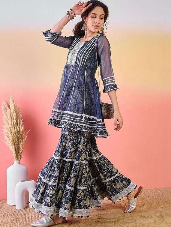 Women Printed Three Quarter Sleeves Kurta Sharara Set With Dupatta - 22603500 -  Standard Image - 2