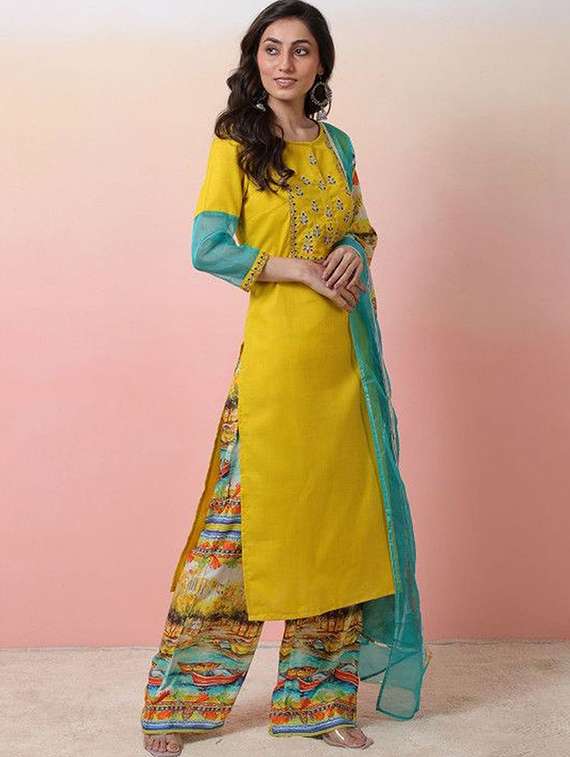women embroidered three quarter sleeves sleeves kurta pant set with dupatta - 22603526 -  Standard Image - 2