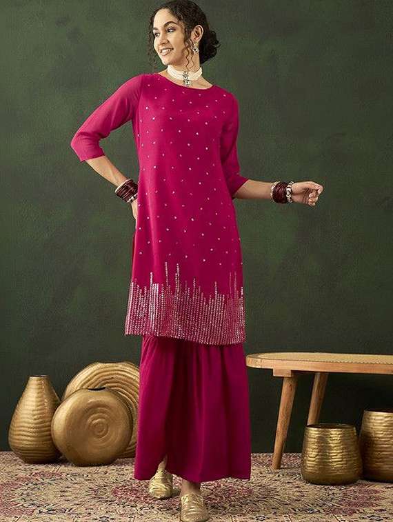 women embellished three quarter sleeves kurta sharara set