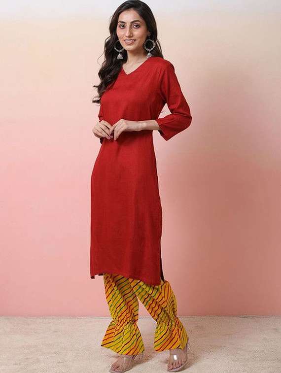 women solid three quarter sleeves kurta pant set - 22603560 -  Standard Image - 2