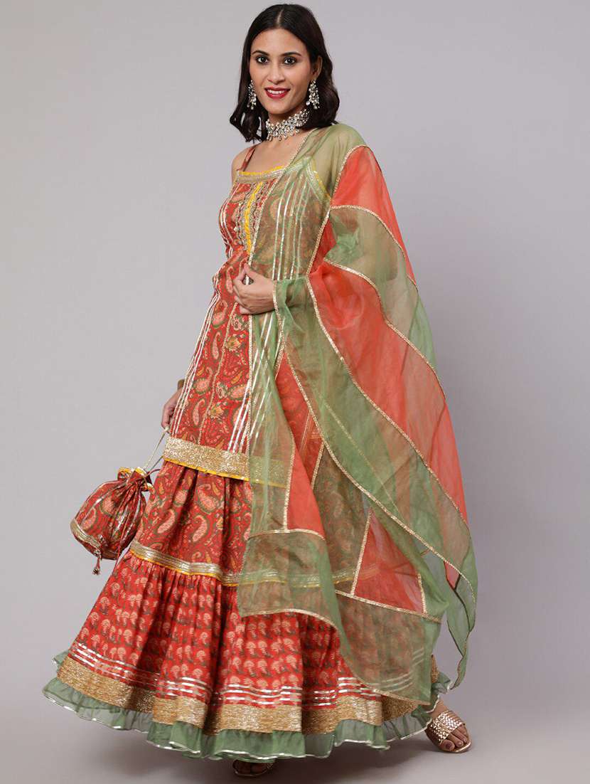 women printed shoulder strap kurta sharara set with dupatta