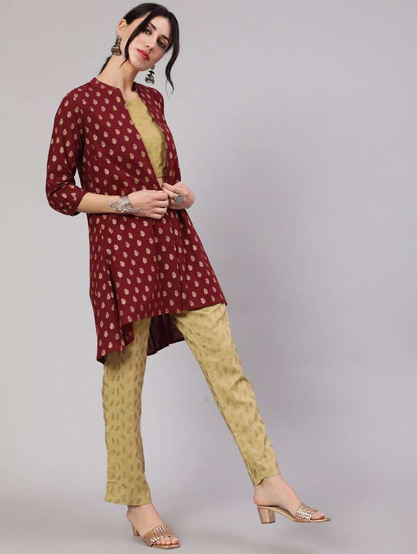 women printed three quarter sleeves top and pant set with jacket - 22603590 -  Standard Image - 2