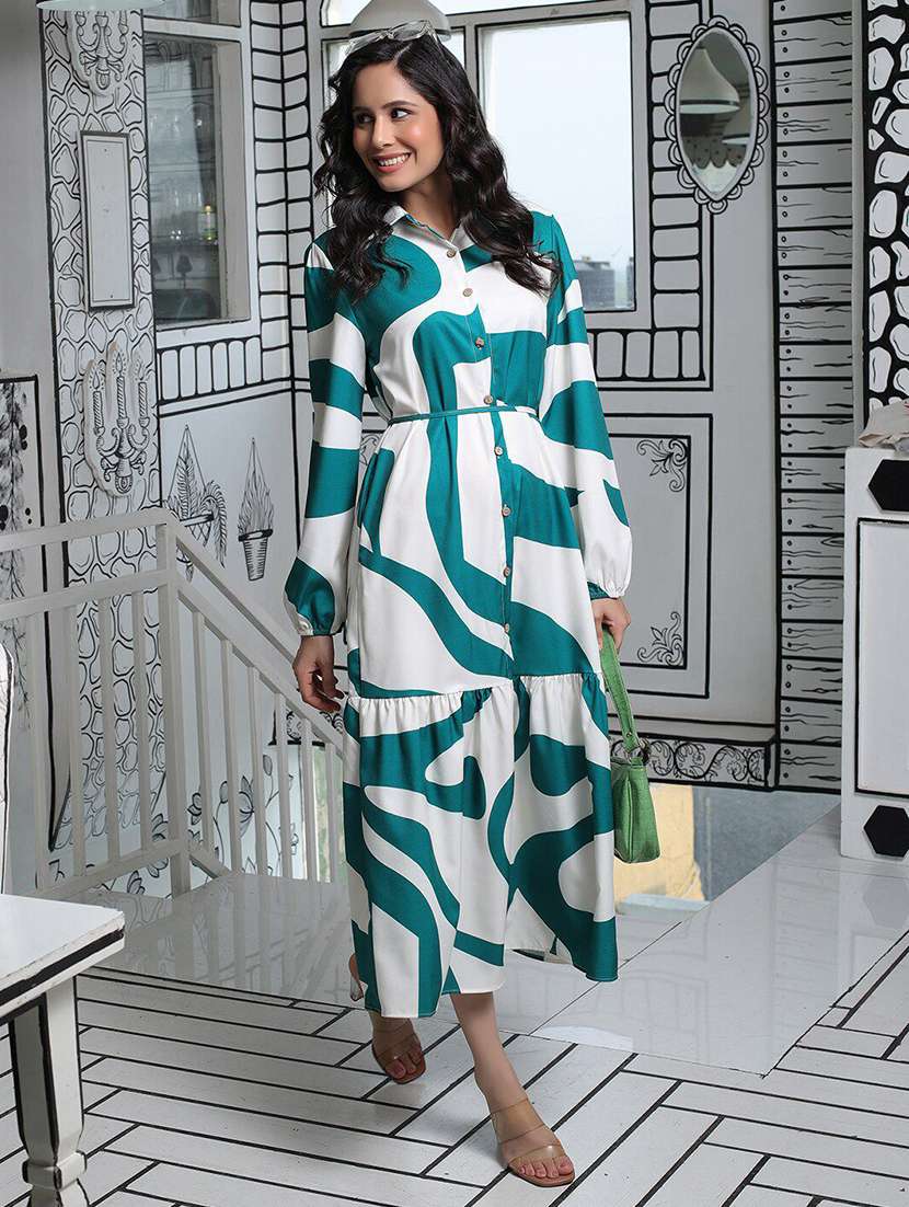 women printed long sleeves tiered dress - 22603670 -  Standard Image - 2