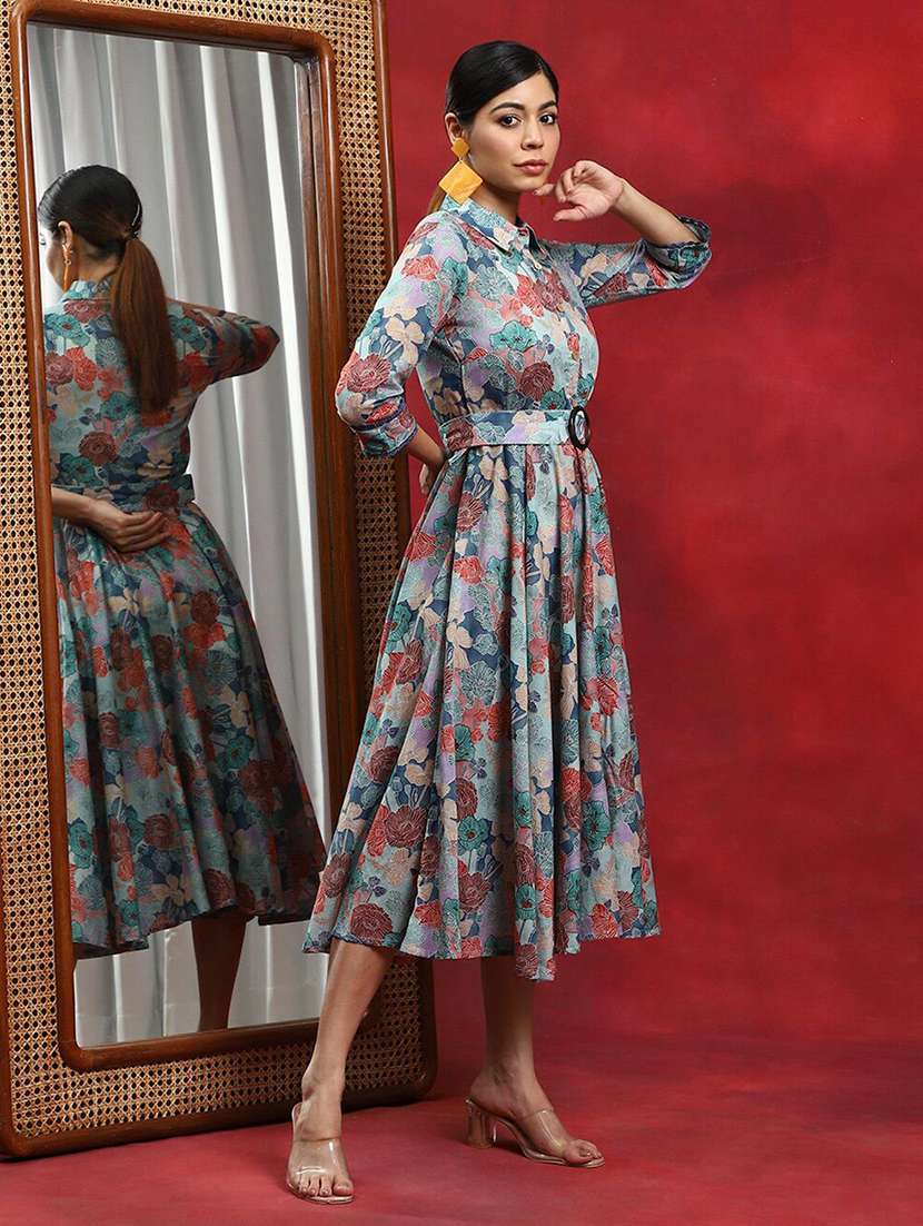 women printed three quarter sleeves fit and flare dress - 22603708 -  Standard Image - 2