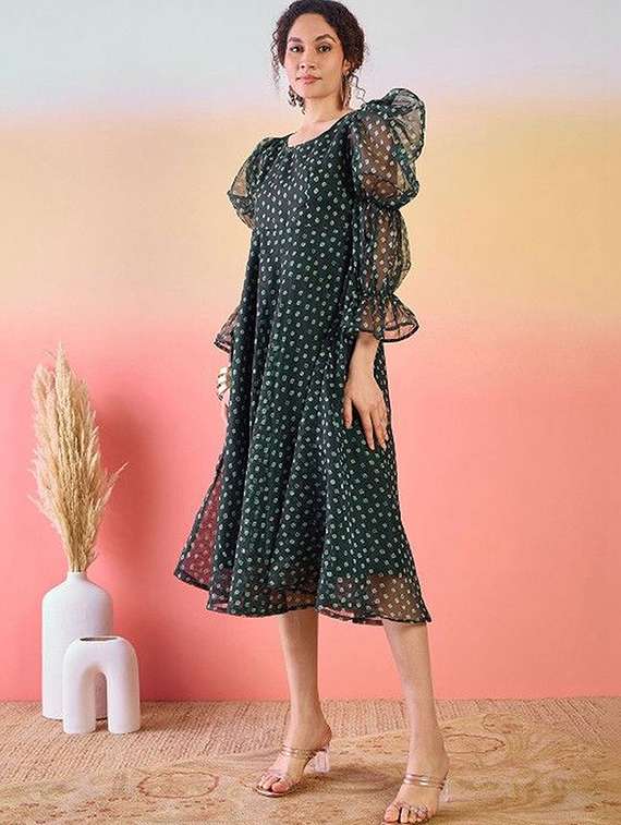 Women Printed Leg O Mutton Sleeves Fit And Flare Dress - 22603739 -  Standard Image - 2
