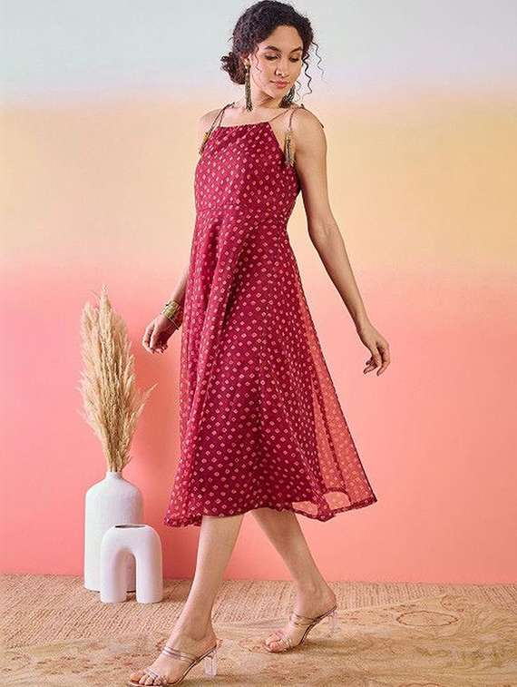women printed shoulder strap fit and flare dress - 22603741 -  Standard Image - 2