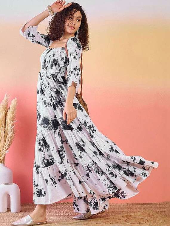 women tie and dye three quarter sleeves tiered dress - 22603752 -  Standard Image - 2