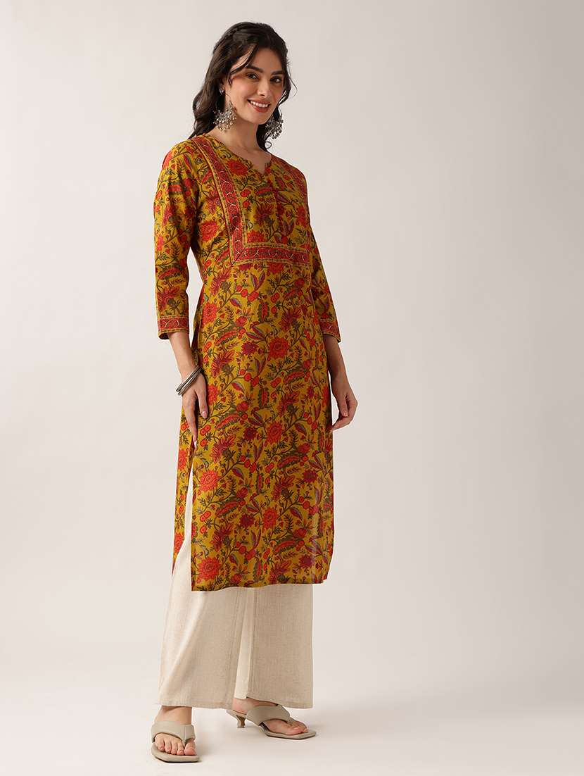 women printed three quarter sleeve straight kurta - 22604035 -  Standard Image - 2