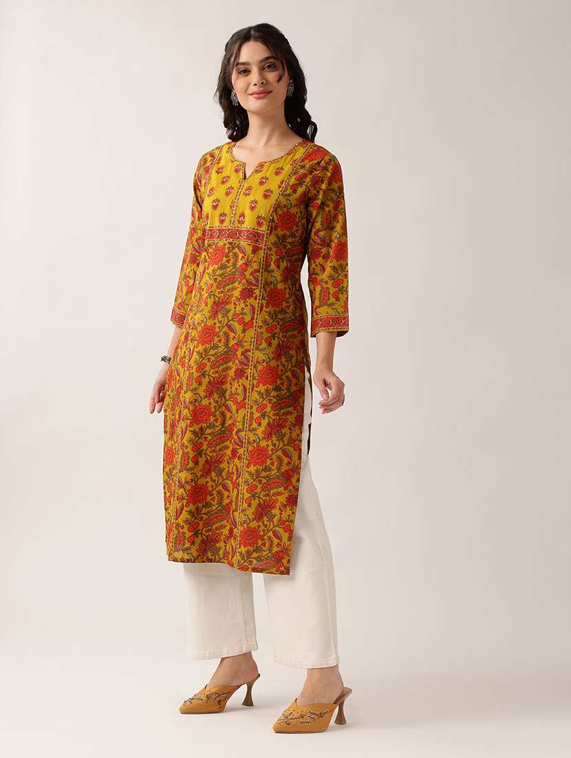 women printed three quarter sleeve straight kurta - 22604038 -  Standard Image - 2