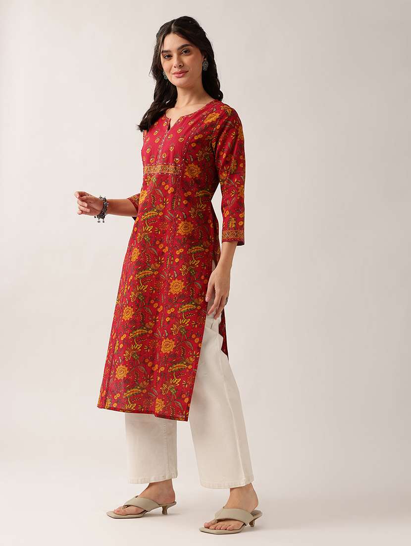 women printed three quarter sleeve straight kurta - 22604039 -  Standard Image - 2