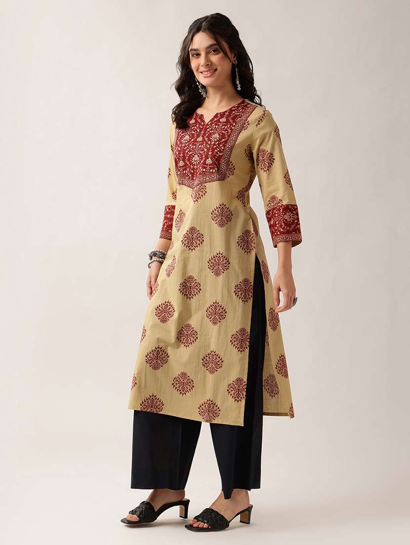 women printed three quarter sleeve straight kurta - 22604043 -  Standard Image - 2