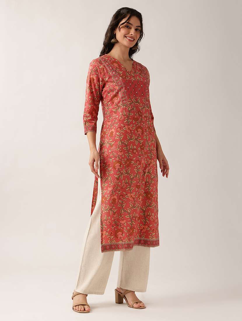 Women Printed Three Quarter Sleeve Straight Kurta - 22604044 -  Standard Image - 2