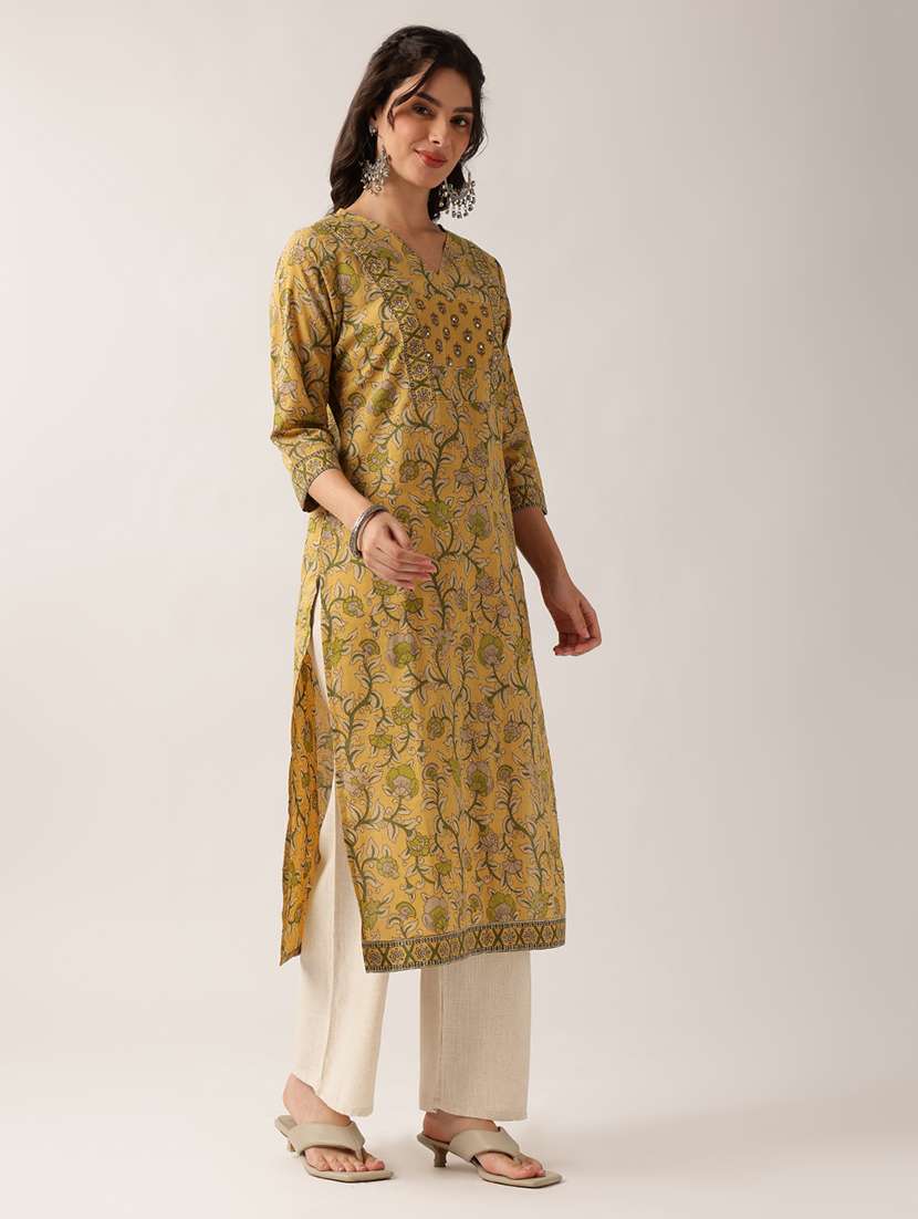 Women Printed Three Quarter Sleeve Straight Kurta - 22604045 -  Standard Image - 2