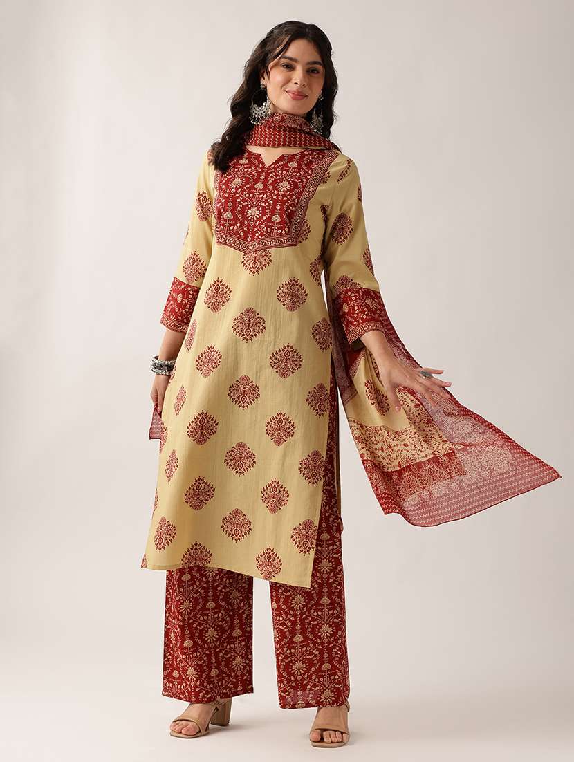 women printed three quarter sleeves kurta pant set with dupatta - 22604059 -  Standard Image - 2