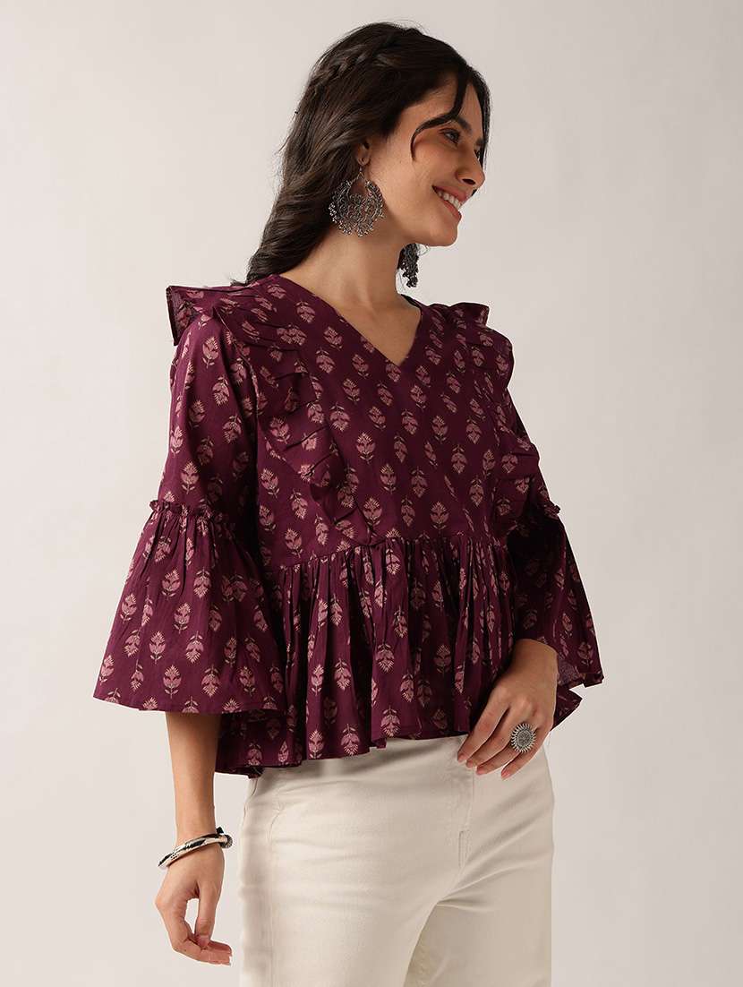 Women Printed Bell Sleeves Peplum Top - 22604066 -  Standard Image - 2