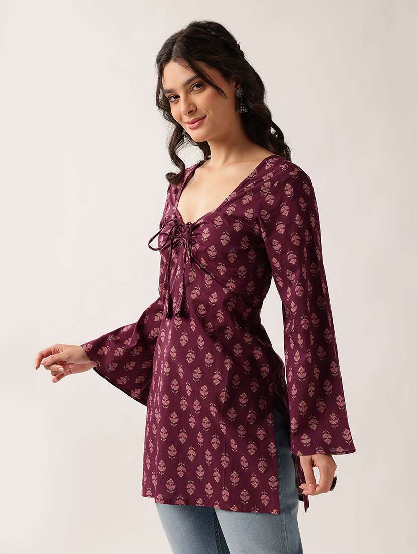 Women Printed Long Sleeves Straight Kurti - 22604078 -  Standard Image - 2