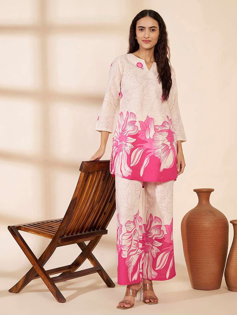 women printed three quarter sleeves ethnic co-ord set