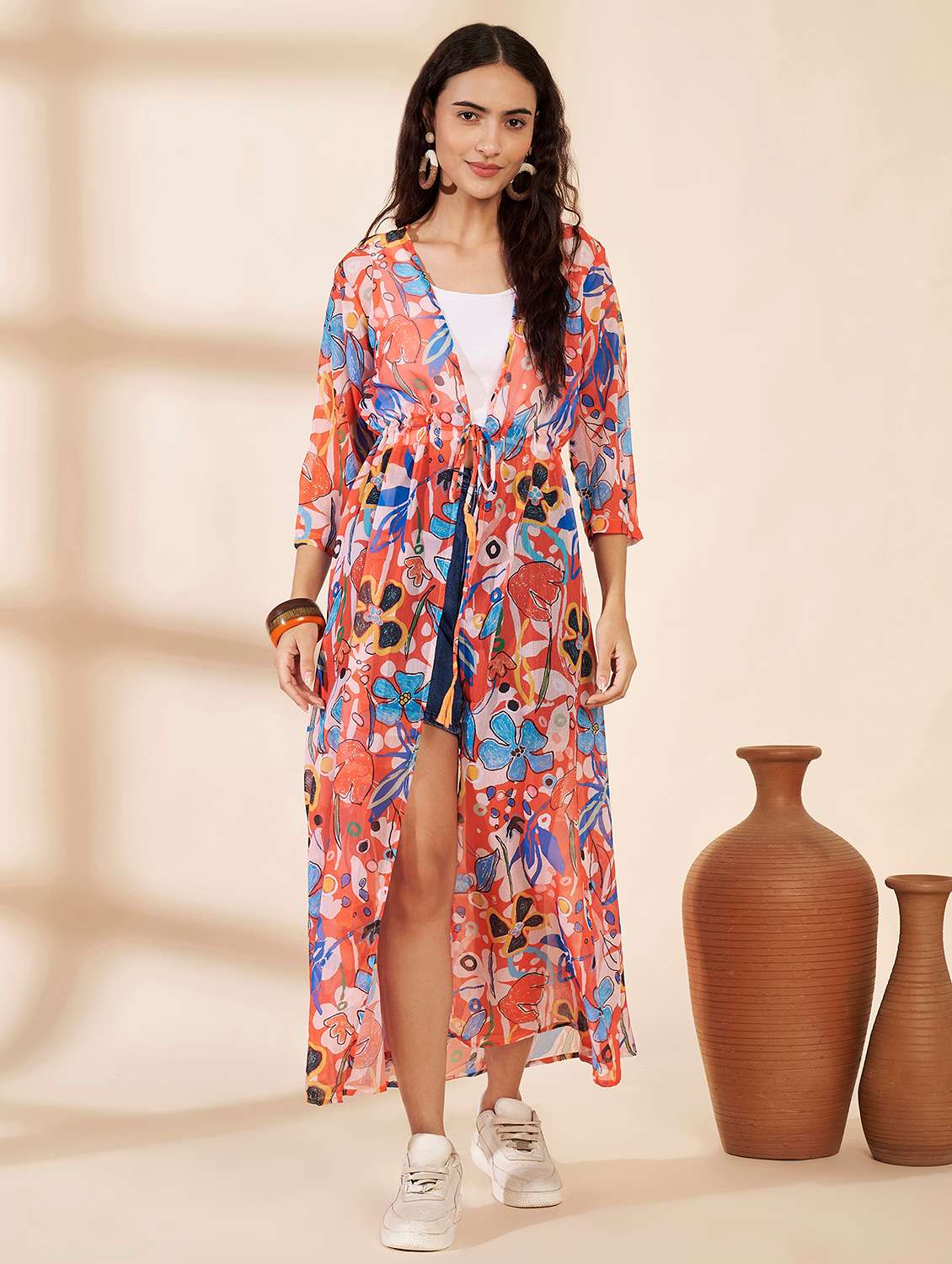 women printed three quarter sleeves long shrug - 22604095 -  Standard Image - 2