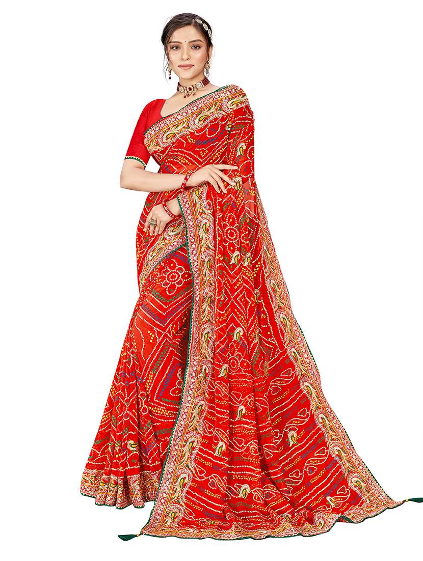 women bandhani printed saree with blouse