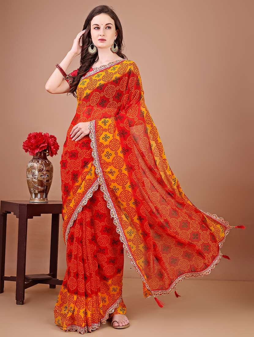 women bandhani printed saree with blouse